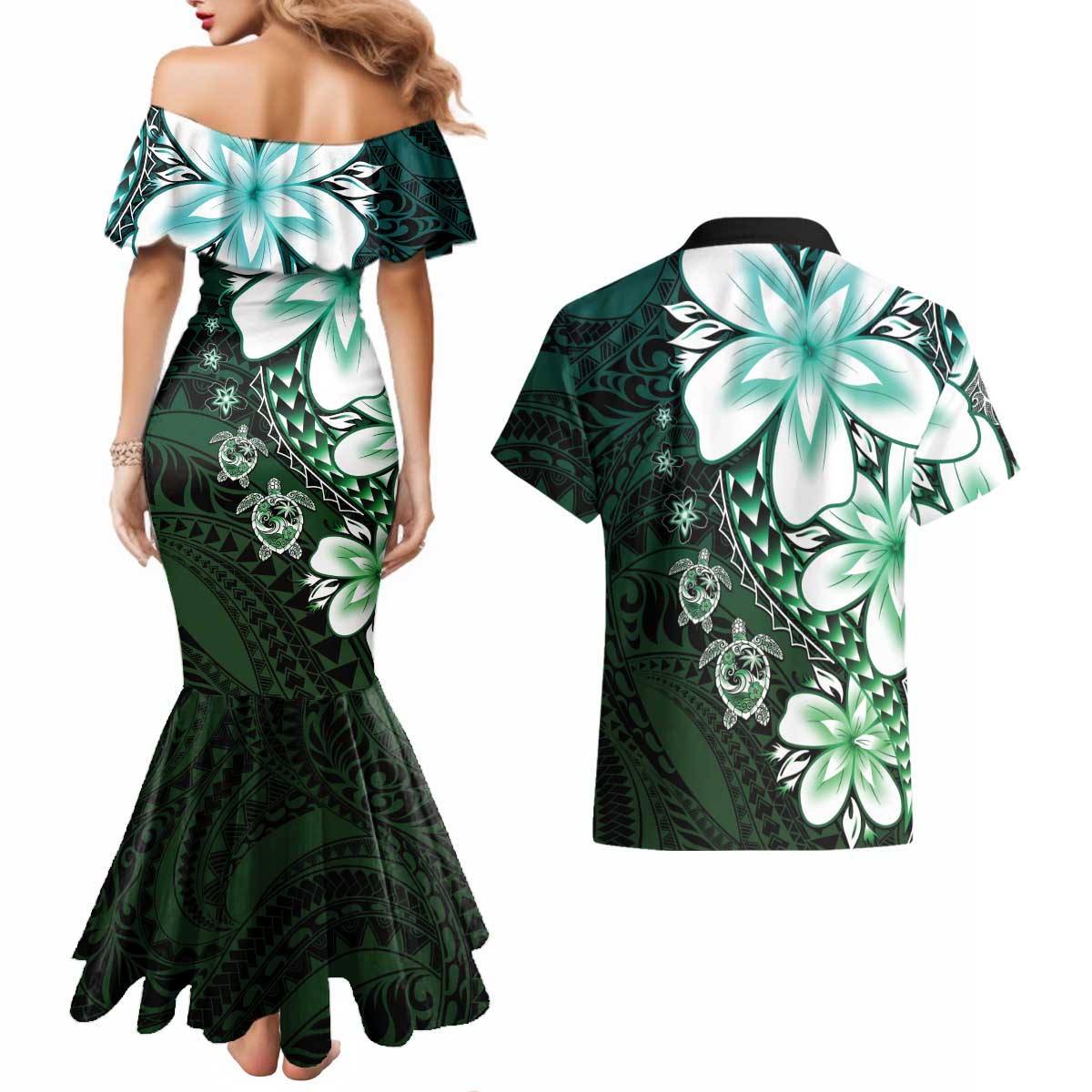 Polynesia Romantic Valentine Couples Matching Mermaid Dress and Hawaiian Shirt Sea Turtle Couple With Aqua Gradient Plumeria