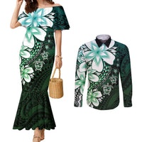 Polynesia Romantic Valentine Couples Matching Mermaid Dress and Long Sleeve Button Shirt Sea Turtle Couple With Aqua Gradient Plumeria