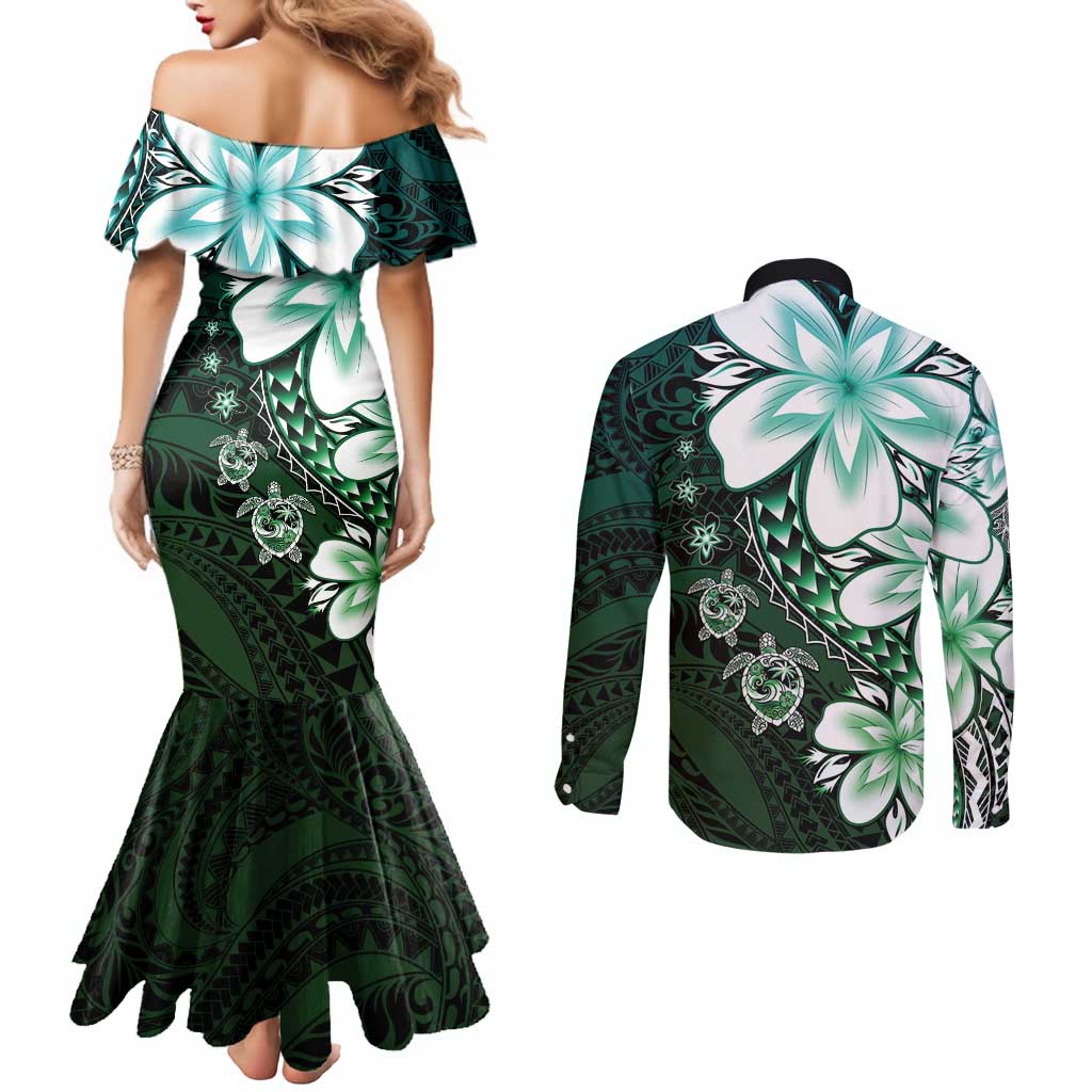 Polynesia Romantic Valentine Couples Matching Mermaid Dress and Long Sleeve Button Shirt Sea Turtle Couple With Aqua Gradient Plumeria