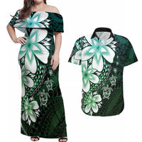 Polynesia Romantic Valentine Couples Matching Off Shoulder Maxi Dress and Hawaiian Shirt Sea Turtle Couple With Aqua Gradient Plumeria