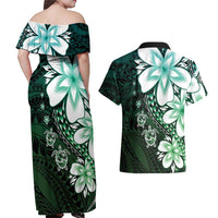 Polynesia Romantic Valentine Couples Matching Off Shoulder Maxi Dress and Hawaiian Shirt Sea Turtle Couple With Aqua Gradient Plumeria