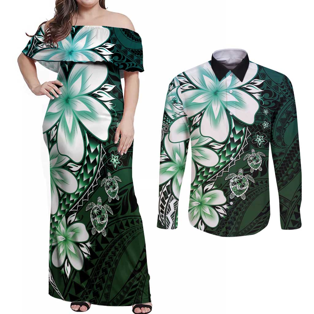 Polynesia Romantic Valentine Couples Matching Off Shoulder Maxi Dress and Long Sleeve Button Shirt Sea Turtle Couple With Aqua Gradient Plumeria
