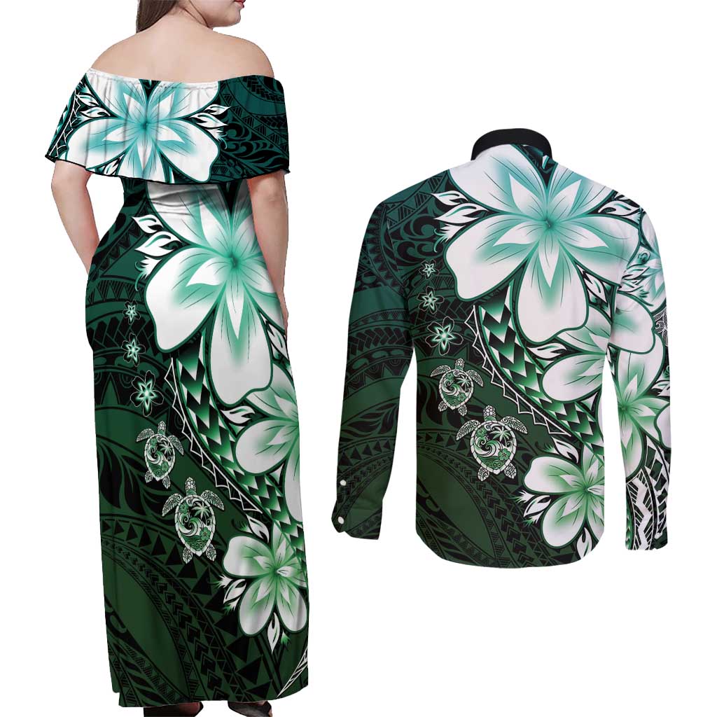 Polynesia Romantic Valentine Couples Matching Off Shoulder Maxi Dress and Long Sleeve Button Shirt Sea Turtle Couple With Aqua Gradient Plumeria