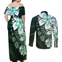 Polynesia Romantic Valentine Couples Matching Off Shoulder Maxi Dress and Long Sleeve Button Shirt Sea Turtle Couple With Aqua Gradient Plumeria