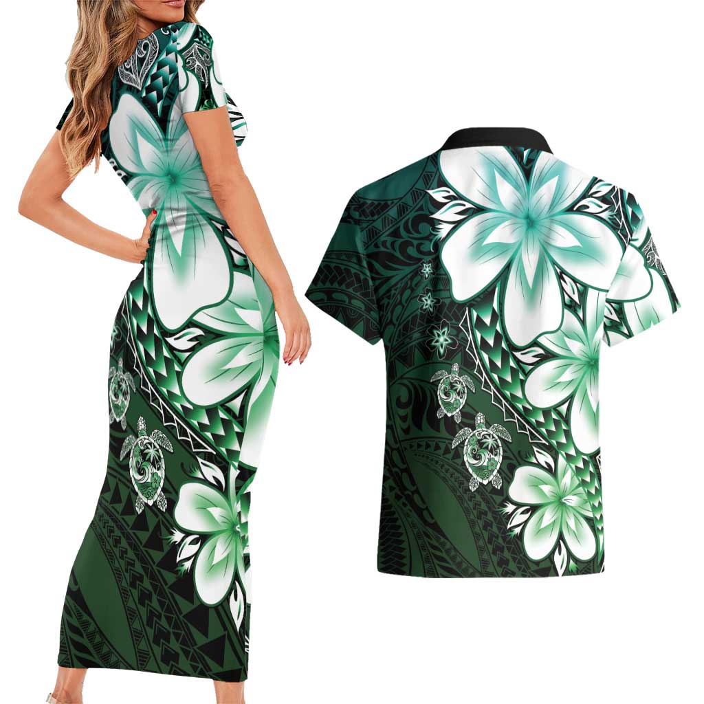 Polynesia Romantic Valentine Couples Matching Short Sleeve Bodycon Dress and Hawaiian Shirt Sea Turtle Couple With Aqua Gradient Plumeria