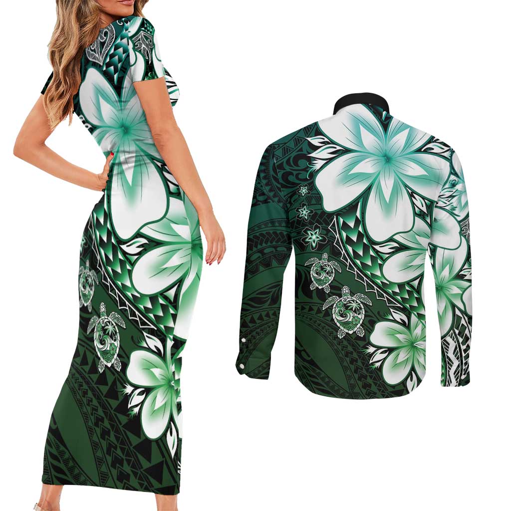 Polynesia Romantic Valentine Couples Matching Short Sleeve Bodycon Dress and Long Sleeve Button Shirt Sea Turtle Couple With Aqua Gradient Plumeria LT05 - Polynesian Pride