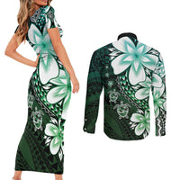 Polynesia Romantic Valentine Couples Matching Short Sleeve Bodycon Dress and Long Sleeve Button Shirt Sea Turtle Couple With Aqua Gradient Plumeria LT05 - Polynesian Pride
