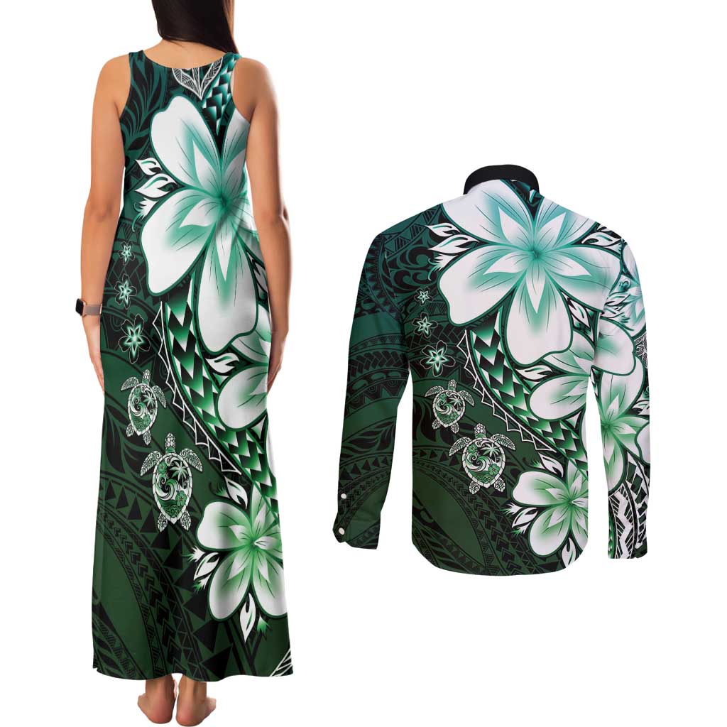 Polynesia Romantic Valentine Couples Matching Tank Maxi Dress and Long Sleeve Button Shirt Sea Turtle Couple With Aqua Gradient Plumeria LT05 - Polynesian Pride