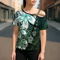Polynesia Romantic Valentine Cross Shoulder Shirt Sea Turtle Couple With Aqua Gradient Plumeria
