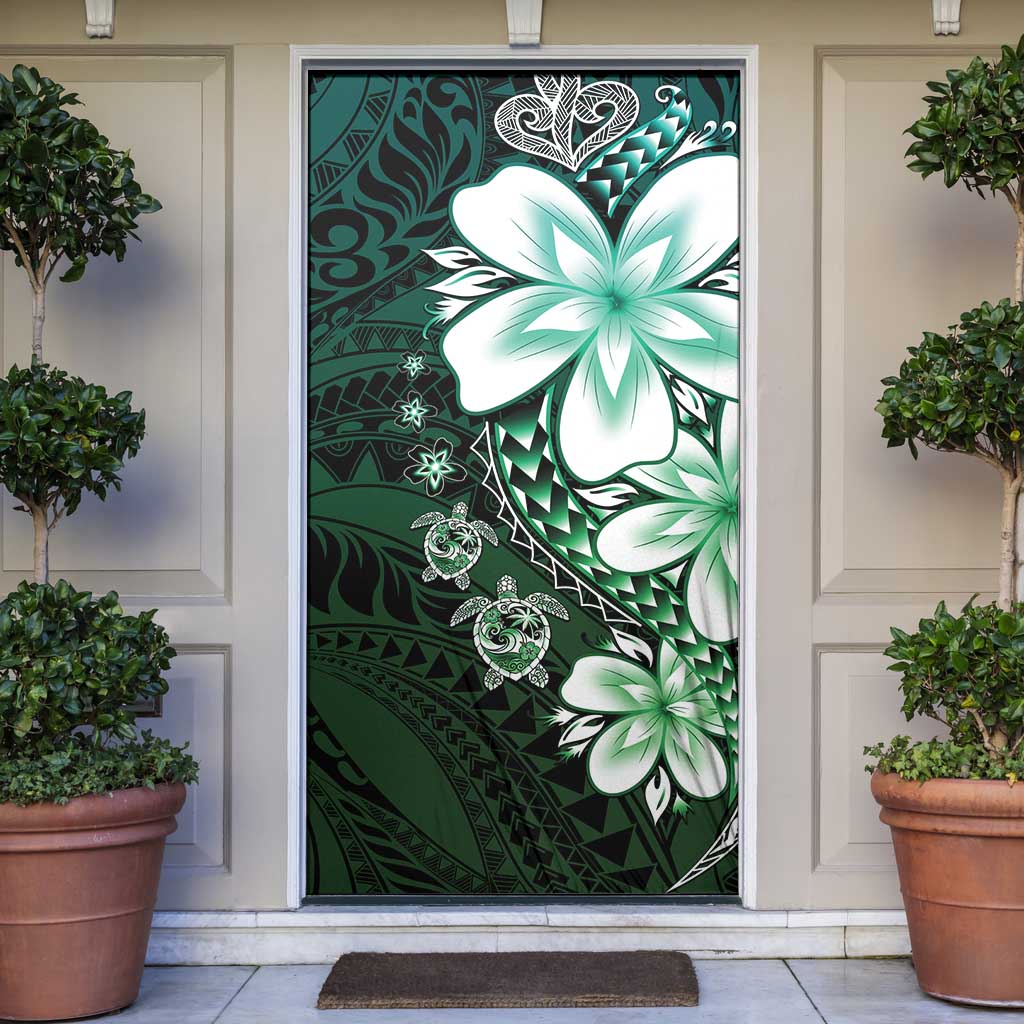 Polynesia Romantic Valentine Door Cover Sea Turtle Couple With Aqua Gradient Plumeria