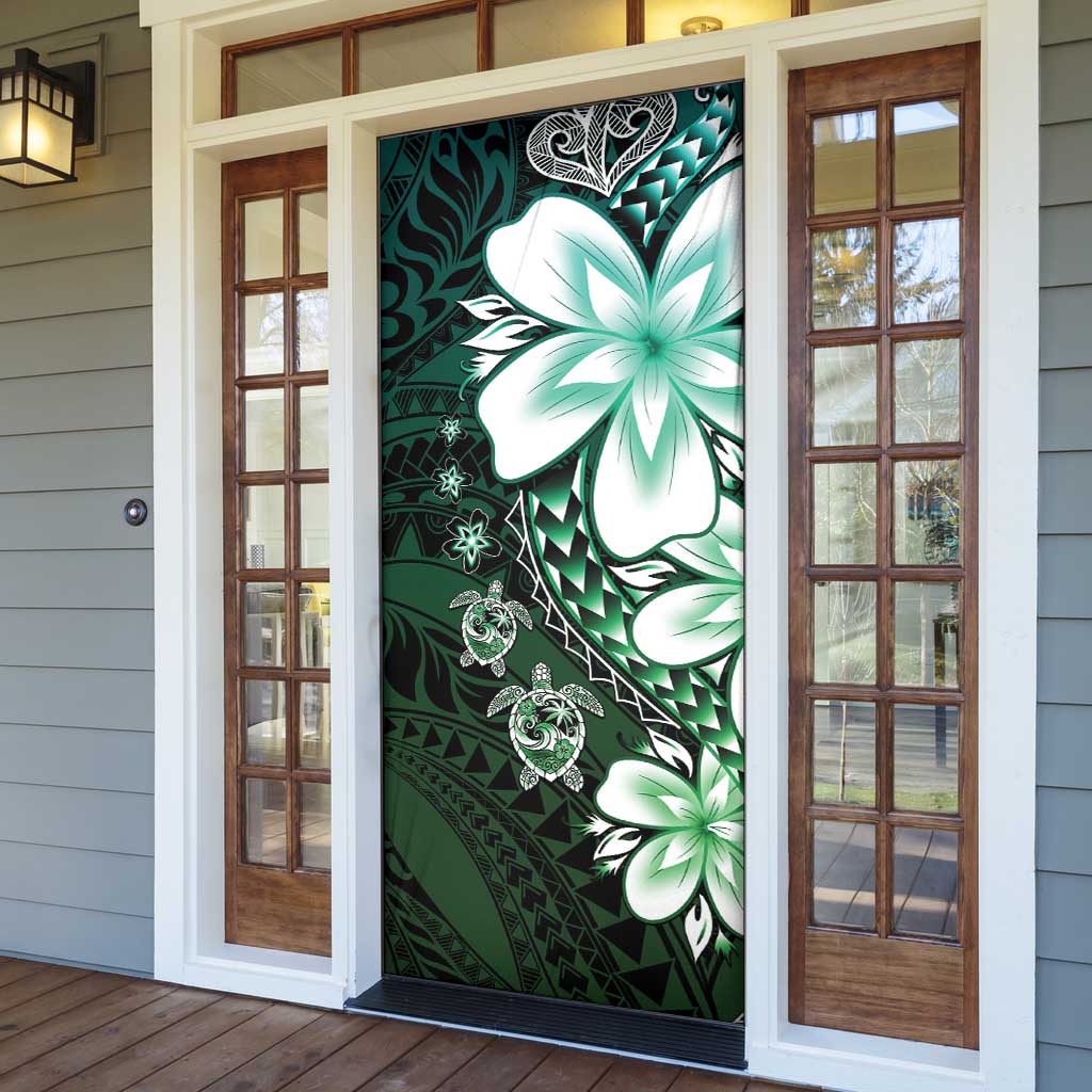Polynesia Romantic Valentine Door Cover Sea Turtle Couple With Aqua Gradient Plumeria