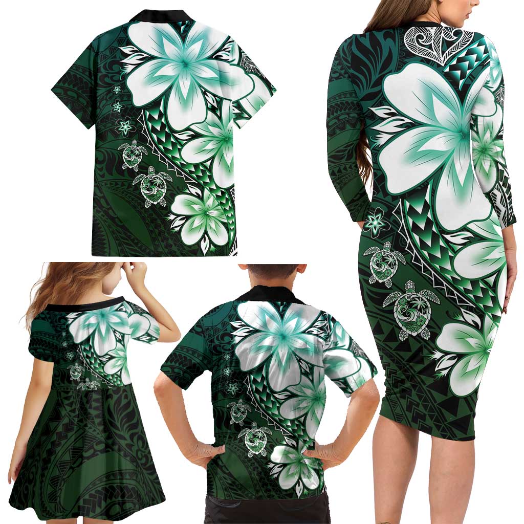 Polynesia Romantic Valentine Family Matching Long Sleeve Bodycon Dress and Hawaiian Shirt Sea Turtle Couple With Aqua Gradient Plumeria LT05 - Polynesian Pride
