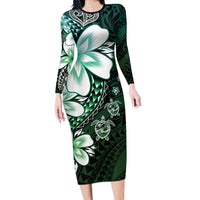 Polynesia Romantic Valentine Family Matching Long Sleeve Bodycon Dress and Hawaiian Shirt Sea Turtle Couple With Aqua Gradient Plumeria LT05 Mom's Dress Aqua - Polynesian Pride