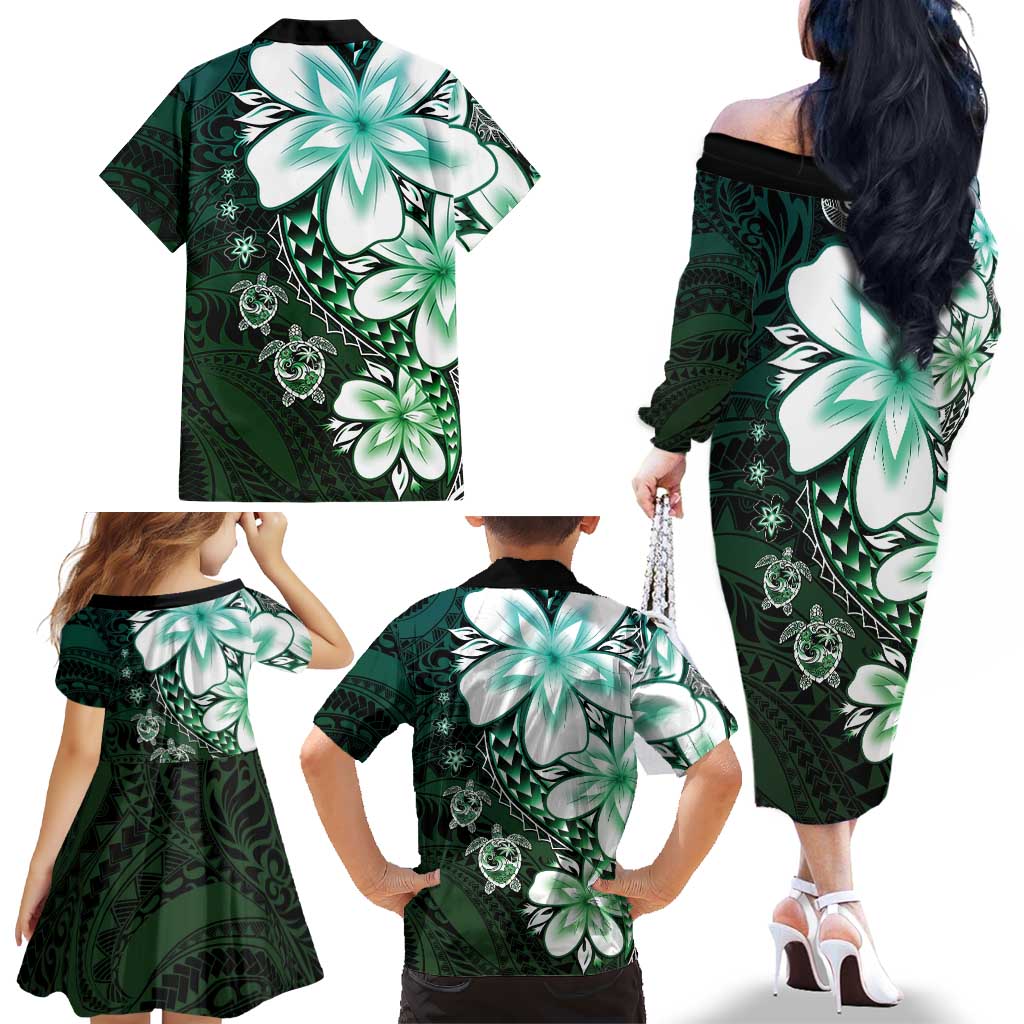 Polynesia Romantic Valentine Family Matching Off The Shoulder Long Sleeve Dress and Hawaiian Shirt Sea Turtle Couple With Aqua Gradient Plumeria LT05 - Polynesian Pride