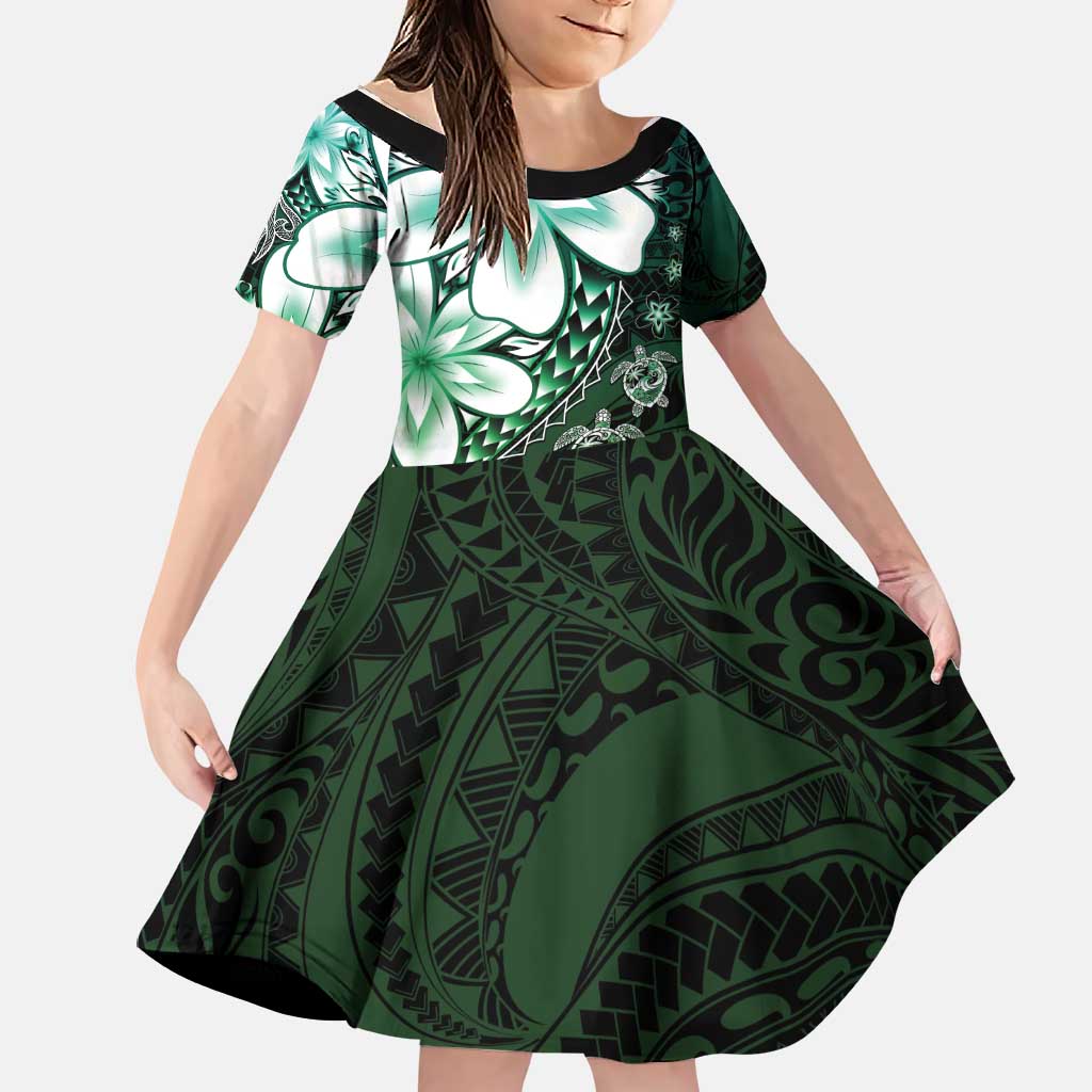 Polynesia Romantic Valentine Family Matching Off Shoulder Maxi Dress and Hawaiian Shirt Sea Turtle Couple With Aqua Gradient Plumeria LT05 Daughter's Dress Aqua - Polynesian Pride