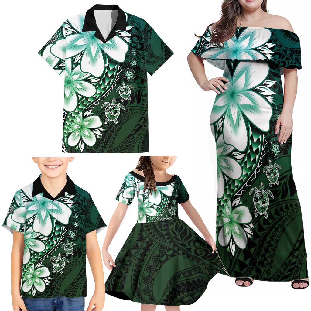 Polynesia Romantic Valentine Family Matching Off Shoulder Maxi Dress and Hawaiian Shirt Sea Turtle Couple With Aqua Gradient Plumeria