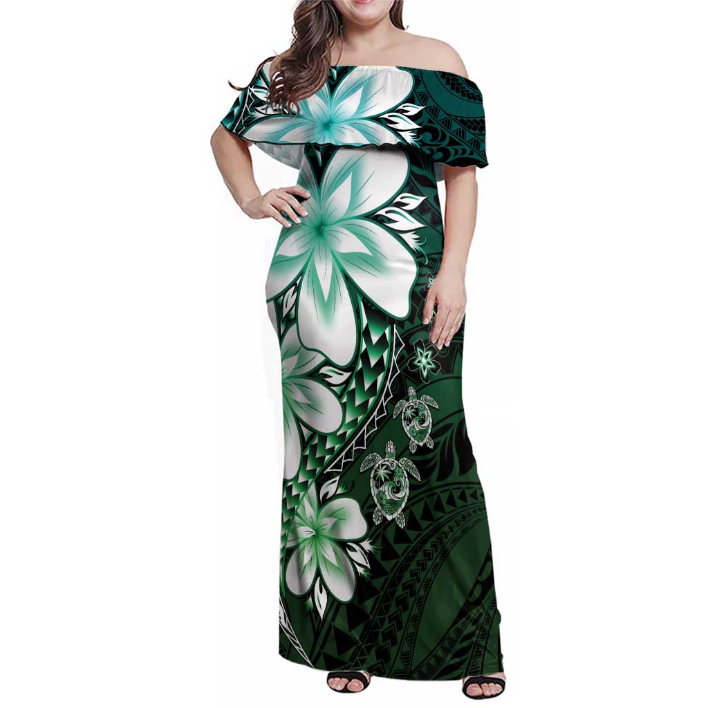 Polynesia Romantic Valentine Family Matching Off Shoulder Maxi Dress and Hawaiian Shirt Sea Turtle Couple With Aqua Gradient Plumeria LT05 Mom's Dress Aqua - Polynesian Pride