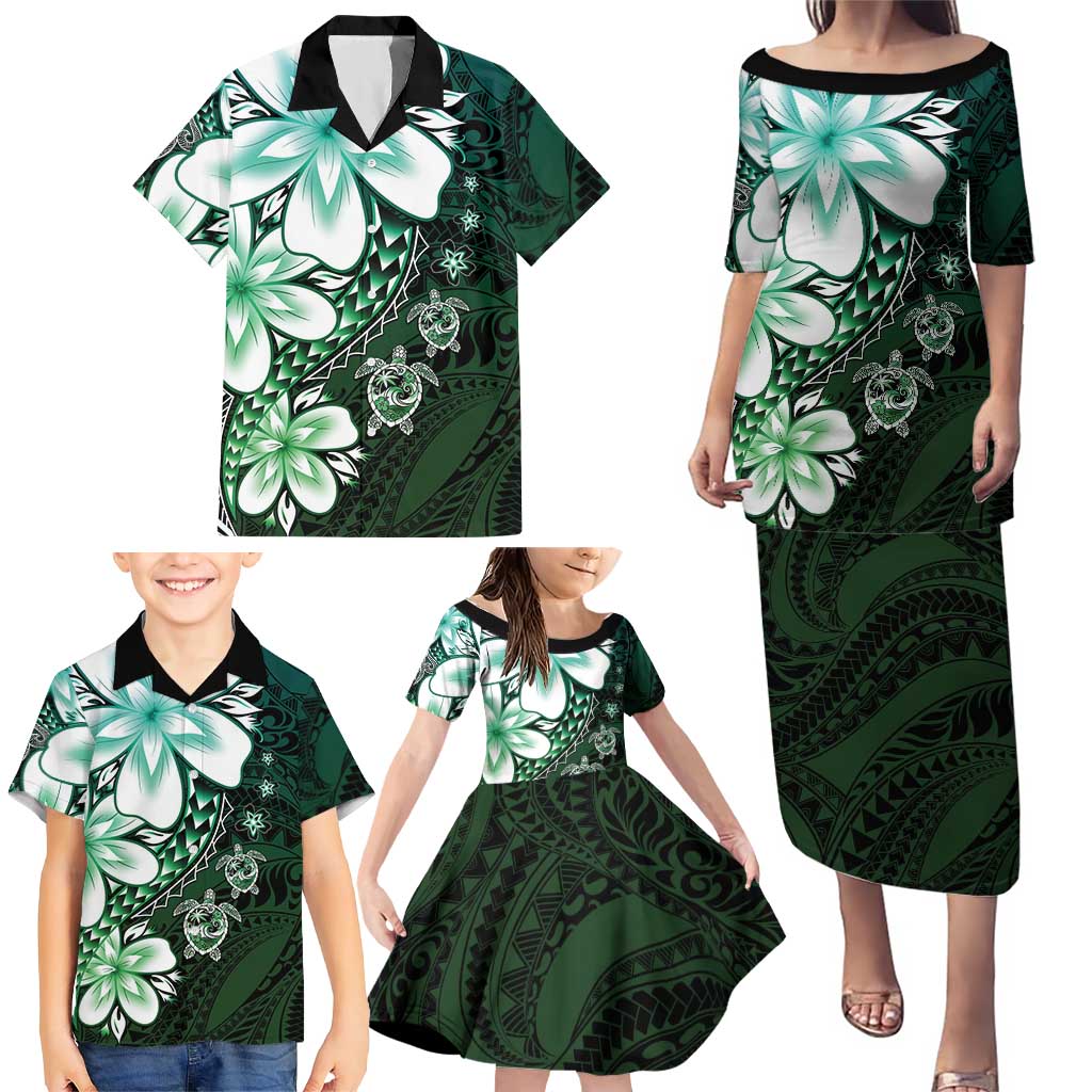 Polynesia Romantic Valentine Family Matching Puletasi and Hawaiian Shirt Sea Turtle Couple With Aqua Gradient Plumeria