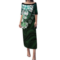 Polynesia Romantic Valentine Family Matching Puletasi and Hawaiian Shirt Sea Turtle Couple With Aqua Gradient Plumeria