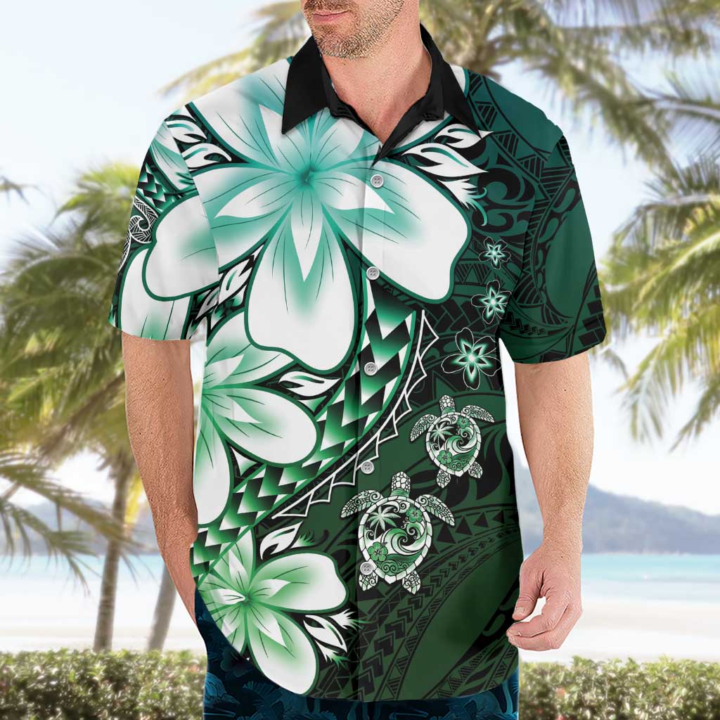 Polynesia Romantic Valentine Hawaiian Shirt Sea Turtle Couple With Aqua Gradient Plumeria