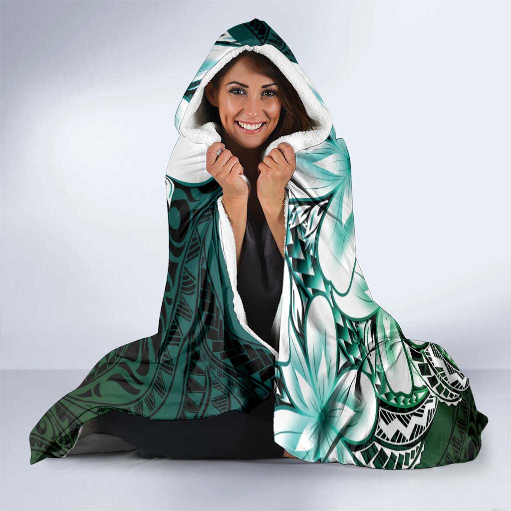 Polynesia Romantic Valentine Hooded Blanket Sea Turtle Couple With Aqua Gradient Plumeria