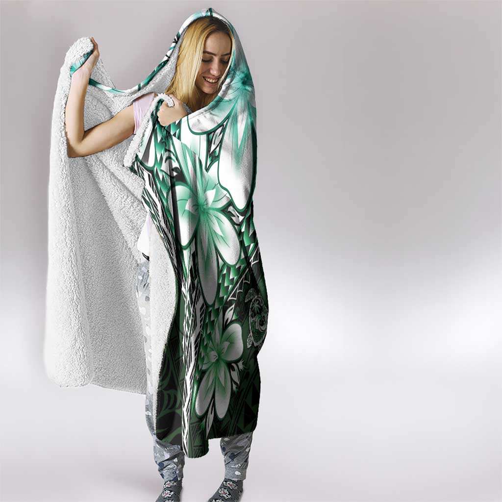 Polynesia Romantic Valentine Hooded Blanket Sea Turtle Couple With Aqua Gradient Plumeria