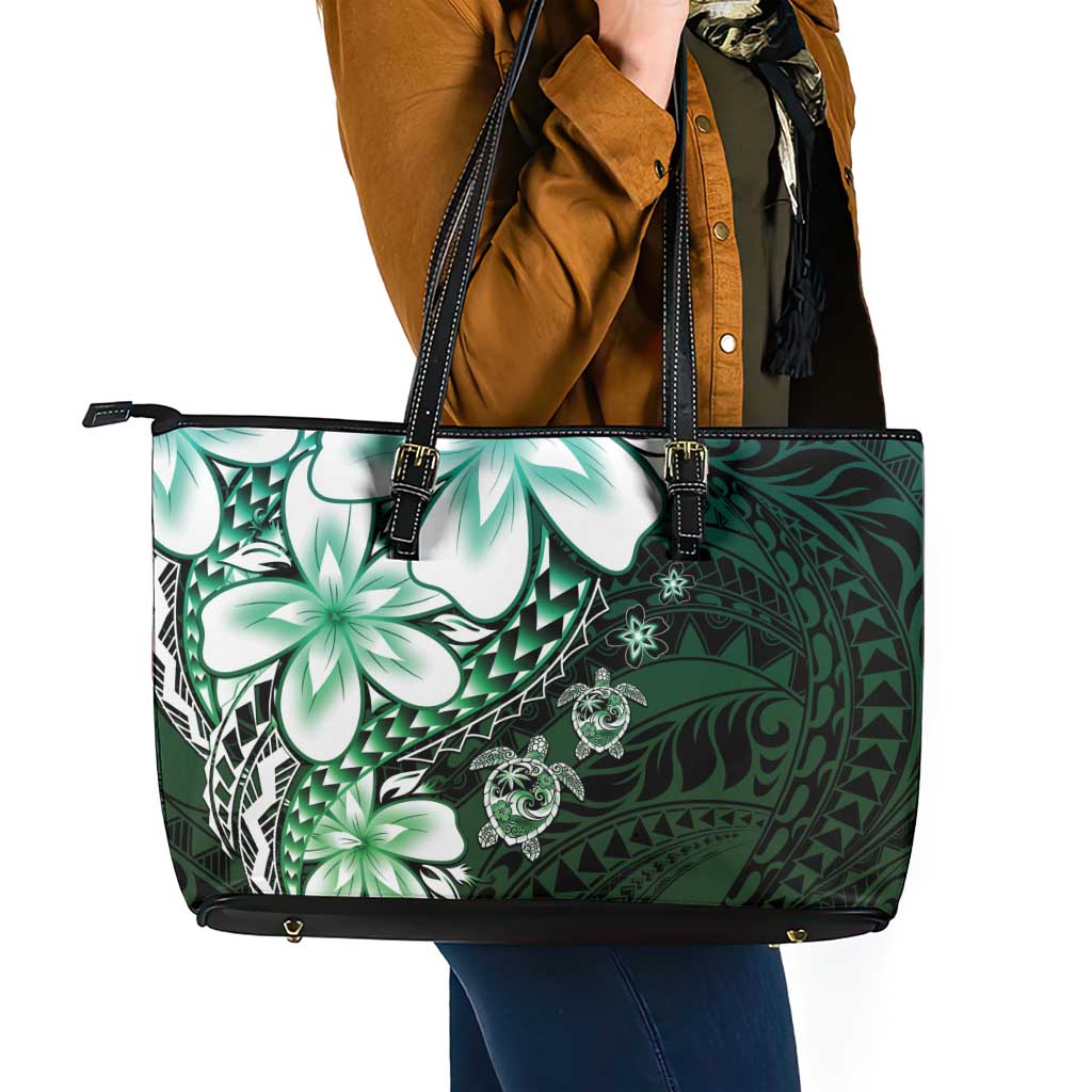 Polynesia Romantic Valentine Leather Tote Bag Sea Turtle Couple With Aqua Gradient Plumeria
