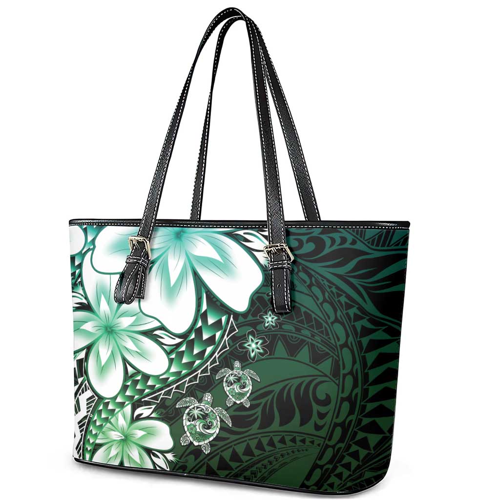 Polynesia Romantic Valentine Leather Tote Bag Sea Turtle Couple With Aqua Gradient Plumeria