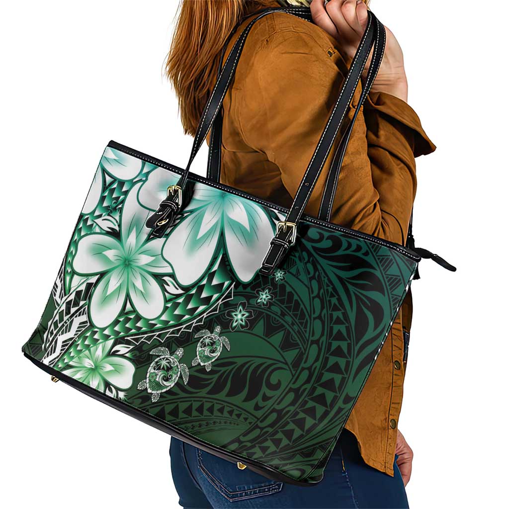 Polynesia Romantic Valentine Leather Tote Bag Sea Turtle Couple With Aqua Gradient Plumeria