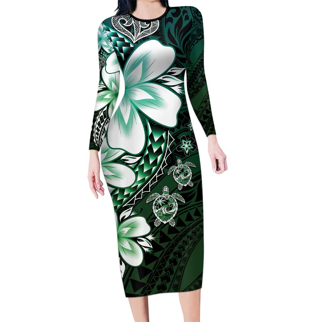 Polynesia Romantic Valentine Long Sleeve Bodycon Dress Sea Turtle Couple With Aqua Gradient Plumeria