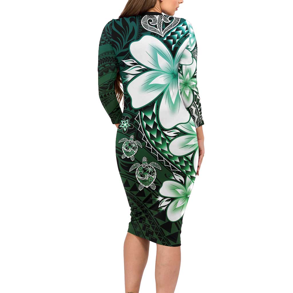 Polynesia Romantic Valentine Long Sleeve Bodycon Dress Sea Turtle Couple With Aqua Gradient Plumeria
