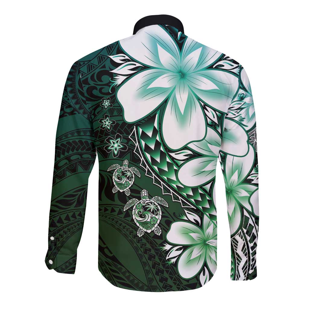 Polynesia Romantic Valentine Long Sleeve Button Shirt Sea Turtle Couple With Aqua Gradient Plumeria