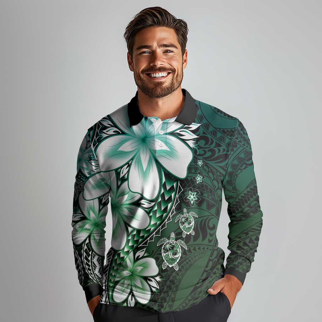 Polynesia Romantic Valentine Long Sleeve Polo Shirt Sea Turtle Couple With Aqua Gradient Plumeria