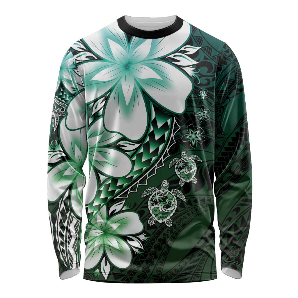 Polynesia Romantic Valentine Long Sleeve Shirt Sea Turtle Couple With Aqua Gradient Plumeria