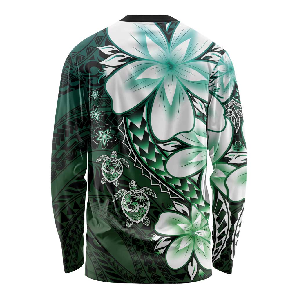 Polynesia Romantic Valentine Long Sleeve Shirt Sea Turtle Couple With Aqua Gradient Plumeria