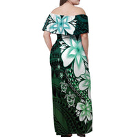 Polynesia Romantic Valentine Off Shoulder Maxi Dress Sea Turtle Couple With Aqua Gradient Plumeria