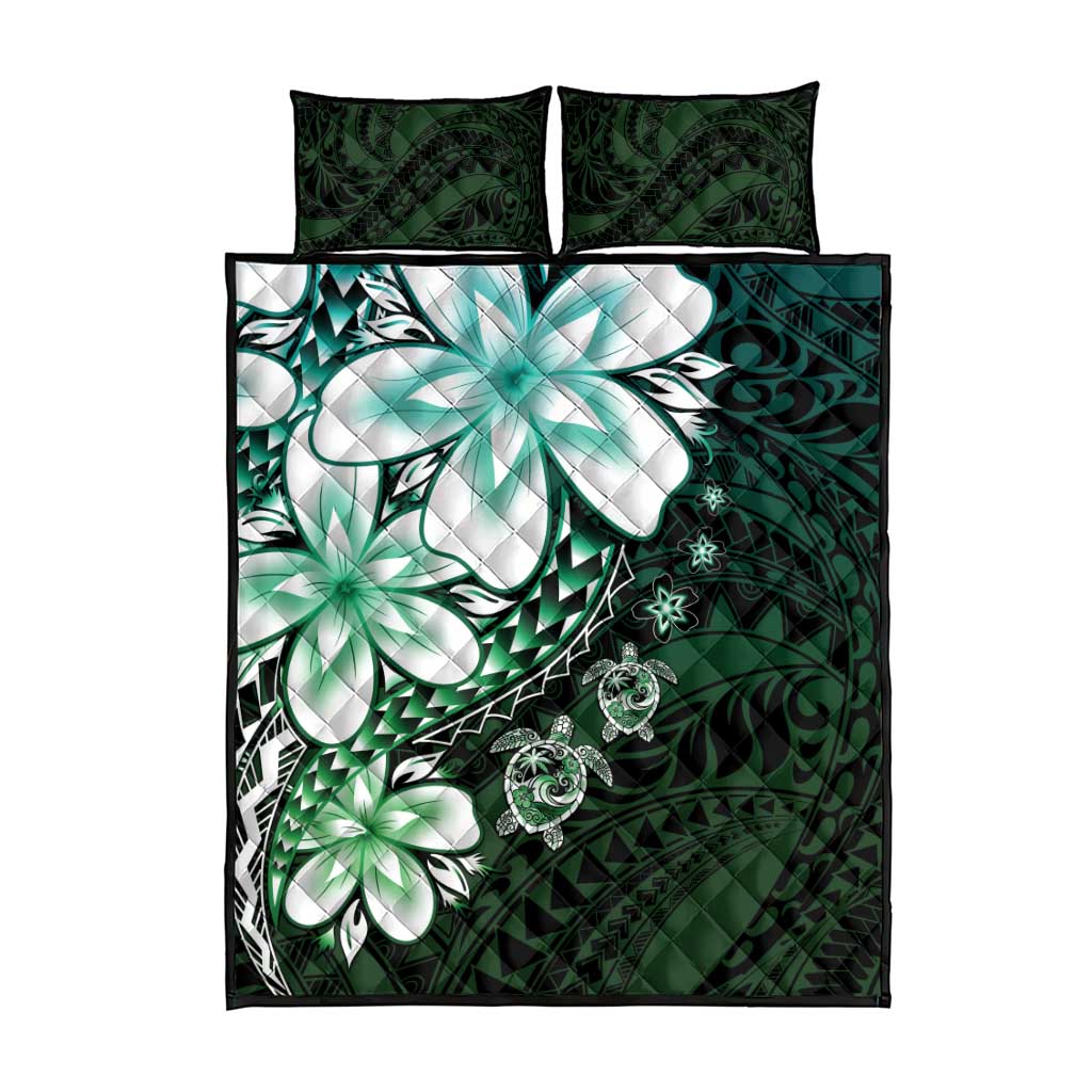 Polynesia Romantic Valentine Quilt Bed Set Sea Turtle Couple With Aqua Gradient Plumeria
