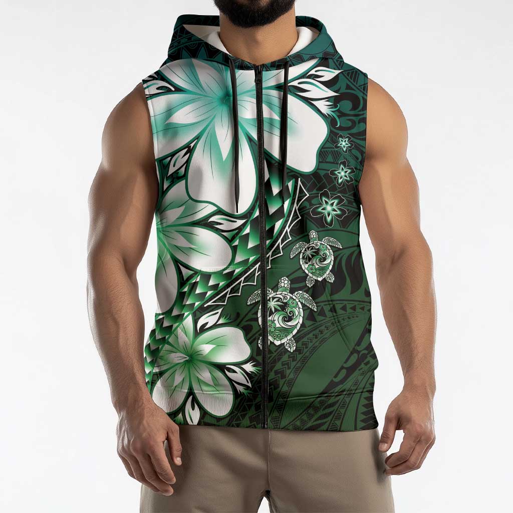 Polynesia Romantic Valentine Sleeveless Zip Hoodie Sea Turtle Couple With Aqua Gradient Plumeria