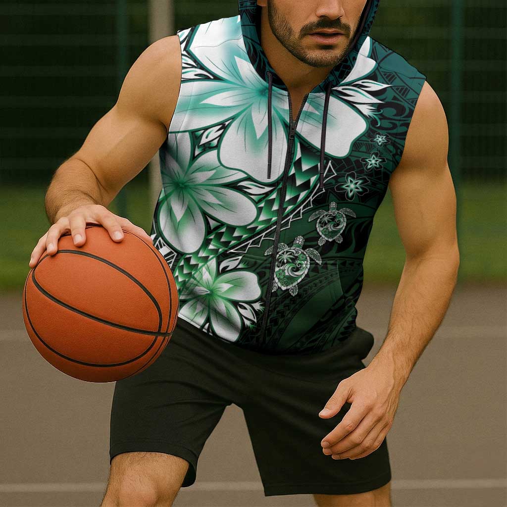 Polynesia Romantic Valentine Sleeveless Zip Hoodie Sea Turtle Couple With Aqua Gradient Plumeria