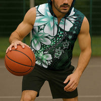 Polynesia Romantic Valentine Sleeveless Zip Hoodie Sea Turtle Couple With Aqua Gradient Plumeria
