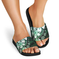 Polynesia Romantic Valentine Slide Sandals Sea Turtle Couple With Aqua Gradient Plumeria