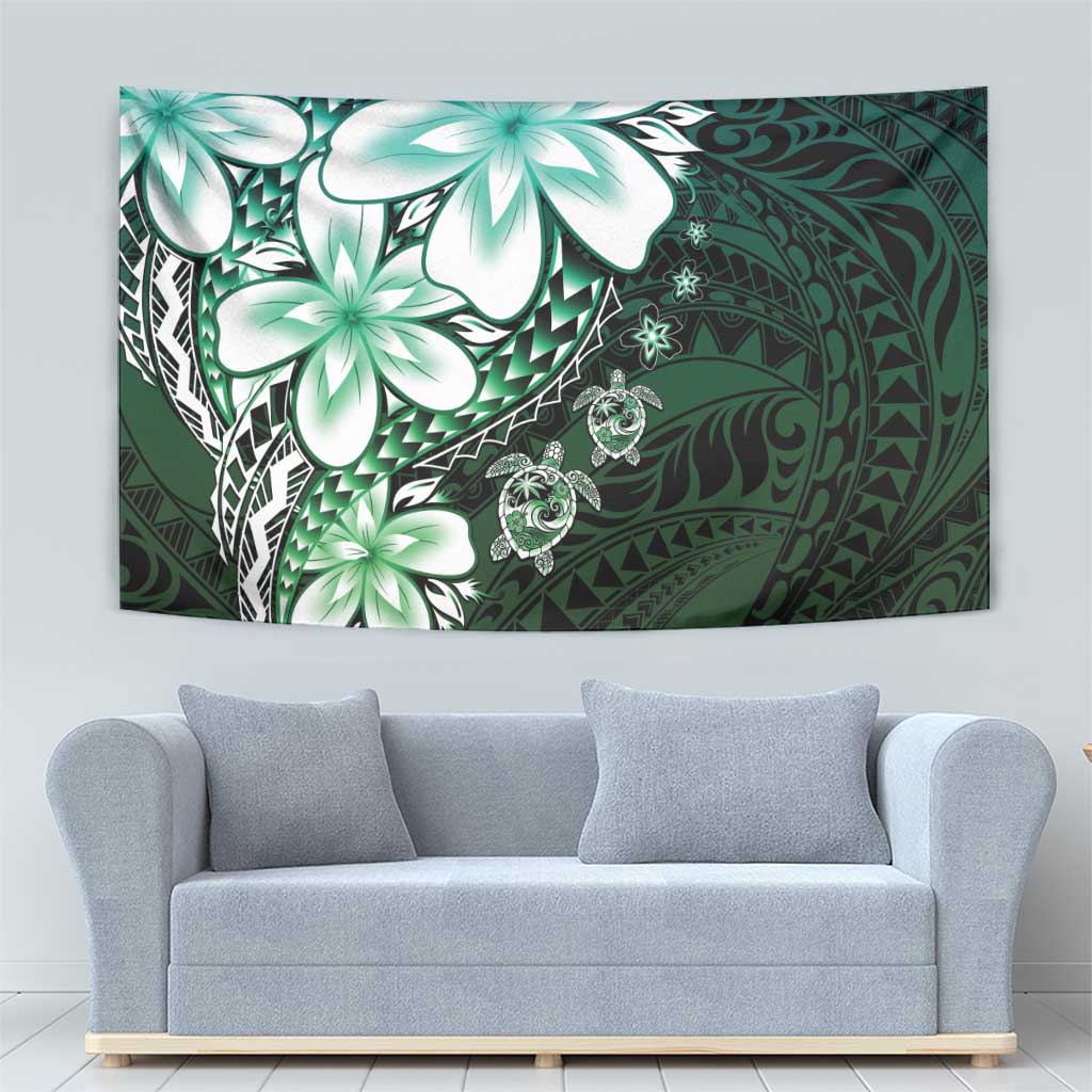 Polynesia Romantic Valentine Tapestry Sea Turtle Couple With Aqua Gradient Plumeria