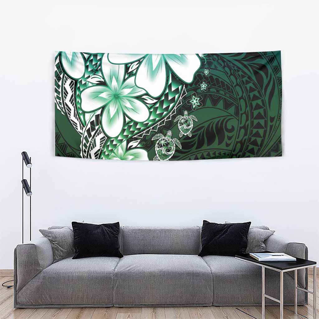 Polynesia Romantic Valentine Tapestry Sea Turtle Couple With Aqua Gradient Plumeria