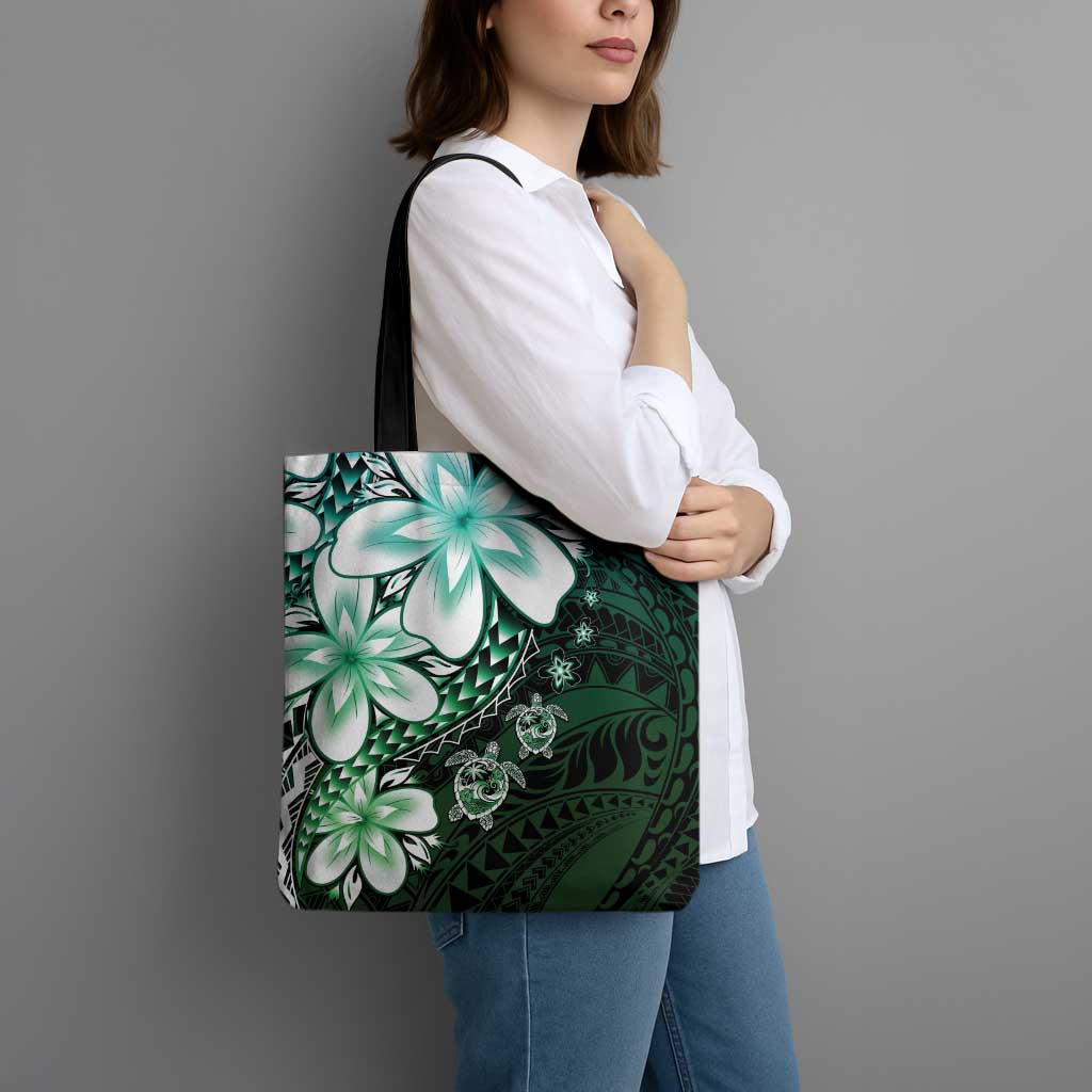 Polynesia Romantic Valentine Tote Bag Sea Turtle Couple With Aqua Gradient Plumeria