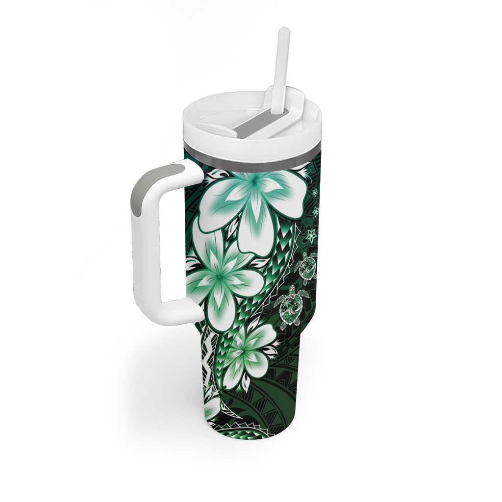 Polynesia Romantic Valentine Tumbler With Handle Sea Turtle Couple With Aqua Gradient Plumeria