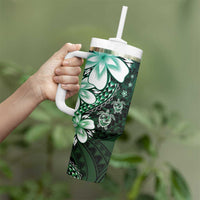 Polynesia Romantic Valentine Tumbler With Handle Sea Turtle Couple With Aqua Gradient Plumeria