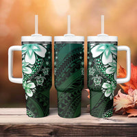 Polynesia Romantic Valentine Tumbler With Handle Sea Turtle Couple With Aqua Gradient Plumeria