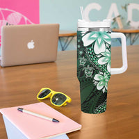Polynesia Romantic Valentine Tumbler With Handle Sea Turtle Couple With Aqua Gradient Plumeria