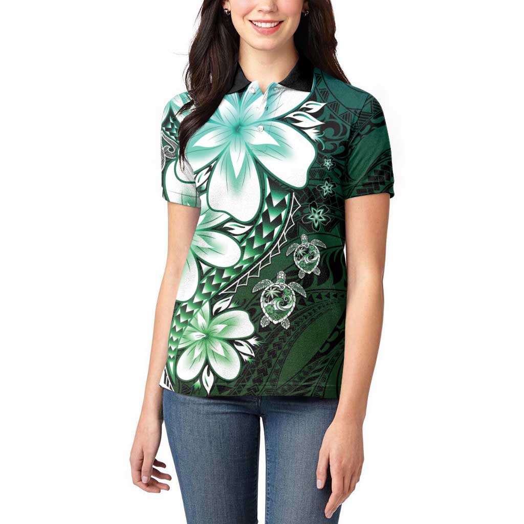 Polynesia Romantic Valentine Women Polo Shirt Sea Turtle Couple With Aqua Gradient Plumeria
