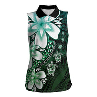 Polynesia Romantic Valentine Women Sleeveless Polo Shirt Sea Turtle Couple With Aqua Gradient Plumeria